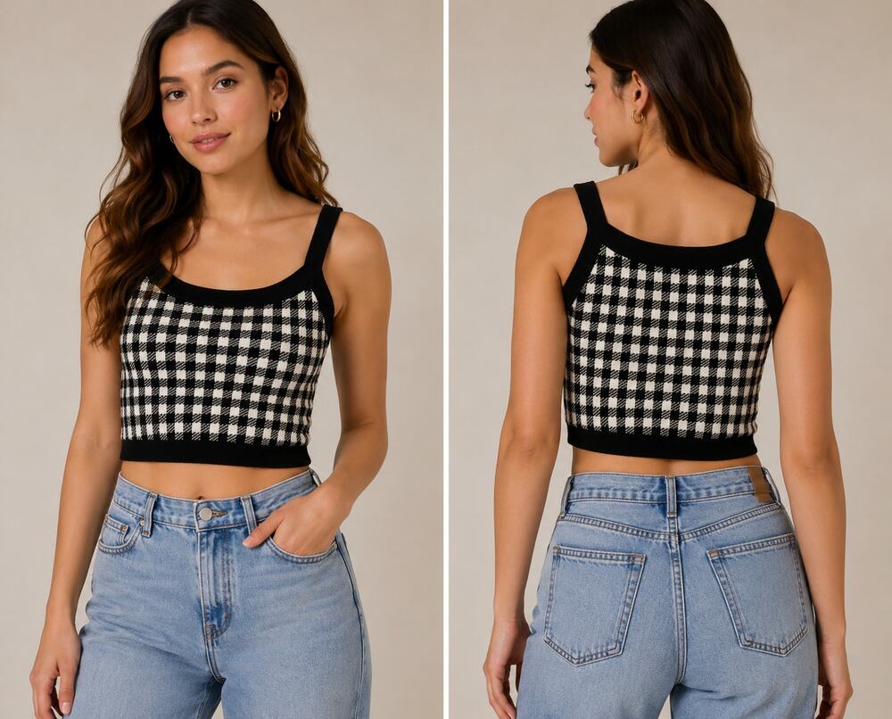 Forever 21 Women’s Black White Plaid Knit Cardigan Tank Top Set Size S